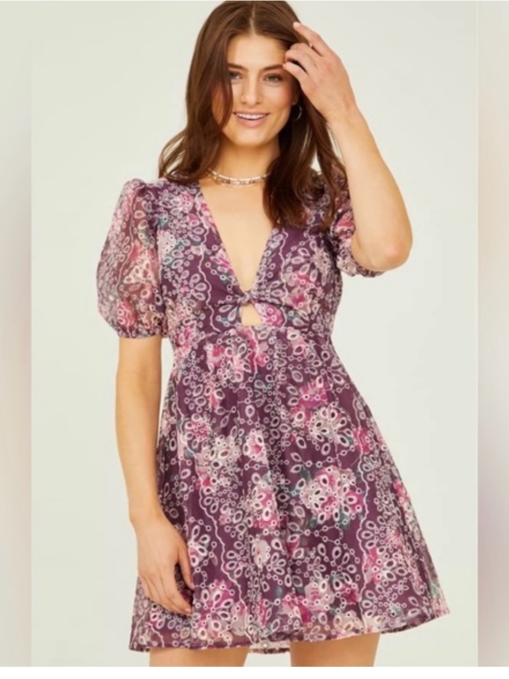 Altar’d State Grace Purple Floral Eyelet Puff Sleeve Mini Dress XS